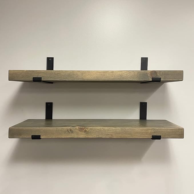 Rustic Shelves with J-Brackets Set of 2, Industrial Shelf, Kitchen Shelves, Solid Wood, Decorative Wall Storage, Heavy Duty, URBANDI (Grey, 12Wx8D)