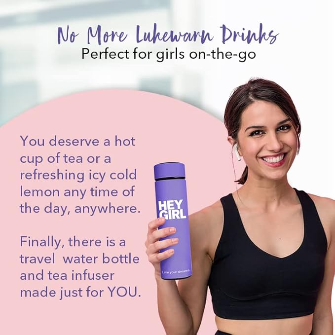 Hey Girl Tea Infuser Bottle 450ml - Insulated Stainless Steel Water Bottle - Tea Tumbler with Tea Diffuser - Portable Travel Mug for Loose Leaf Tea & Infused Water - Tea Lovers Gifts for Women