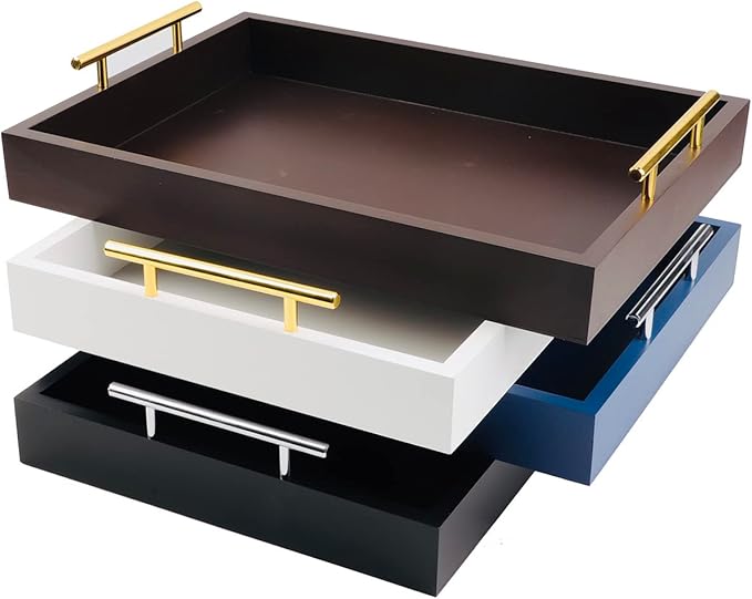 JJSQYLAN Wooden Serving Tray with Handles Rectangle Breakfast Tray for Coffee Table Decorative Ottoman Tray 16”x 12” for All Occasion's (Dark Brown)
