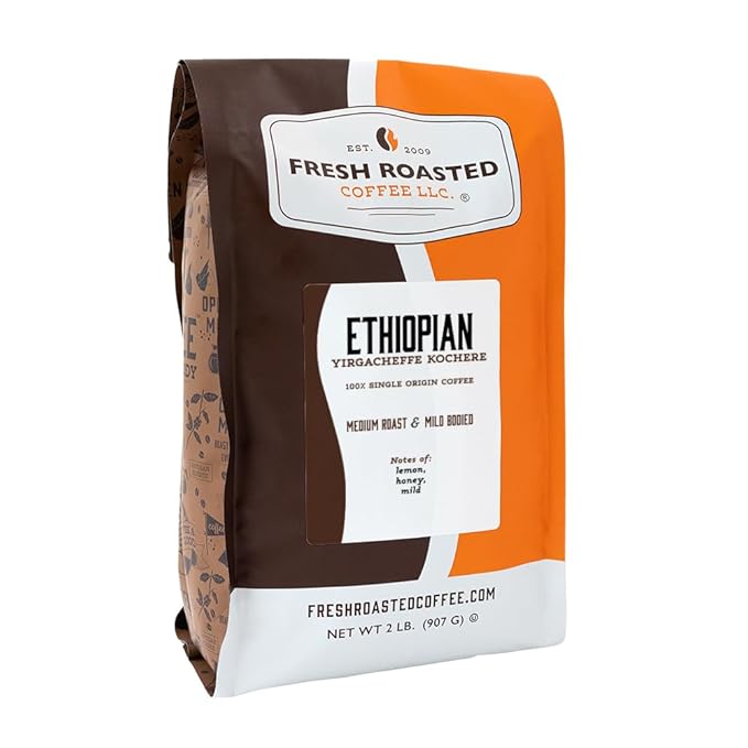 Fresh Roasted Coffee, Ethiopian Yirgacheffe Kochere, 2 lb (32 oz), Medium Roast, Kosher, Whole Bean