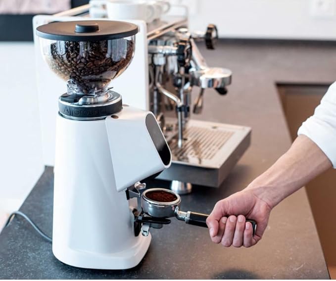 Fiorenzato All Ground Burr Grinder/Coffee Grinder for Home/Burr Coffee Ginder/Electric Coffee Ginder/Coffee Bean Grinder - 64mm flat burrs with Container - Made in Italy, Standard, White