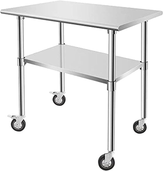 Stainless Steel Table - Metal Table Cart - Commercial Workbench with Caster Wheel - NSF Certified - for Restaurant, Warehouse, Home, Kitchen, Garage,36''x24''