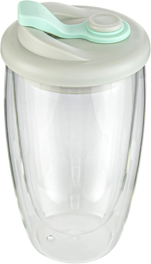 Restaurantware Glass Travel Mug 1 Count 15 Ounce Double Wall Borosilicate Reusable Coffee Cup, Spill-Resistant Gray and Green Silicone Lid, Clear Drinkware Mug for Hot and Cold Beverages