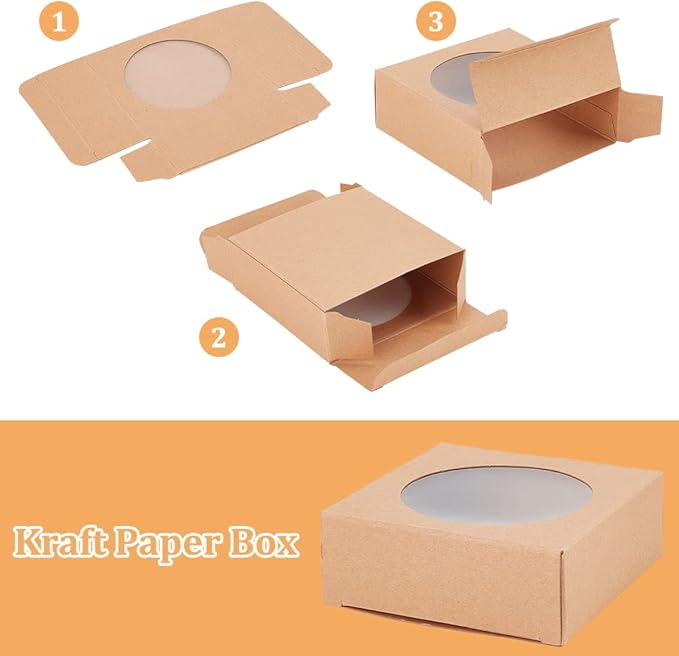 BENECREAT 24 Packs Brown Kraft Square Paper Boxes Gift Wrapping Box with Round Clear Window 3x3x1.2 for Homemade Soap, Party Favor Treats and Jewelry Packaging