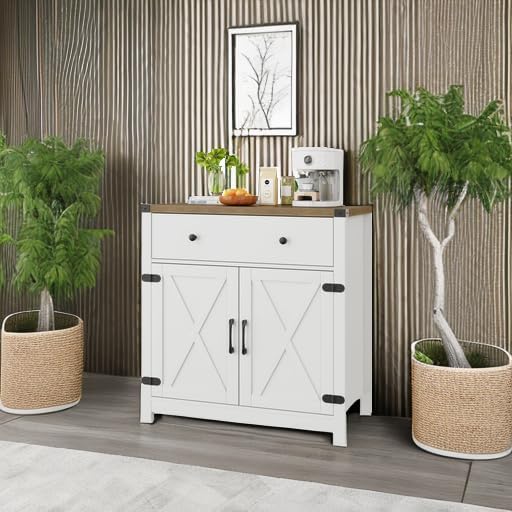 Coffee Bar Kitchen Storage Cabinet,Sideboard Buffet with Storage,Farmhouse Bar Door Kitchen Cabinet with Drawer and Adjustable Shlef, White,(13.8" D x 31.5" W x 34.65" H inch