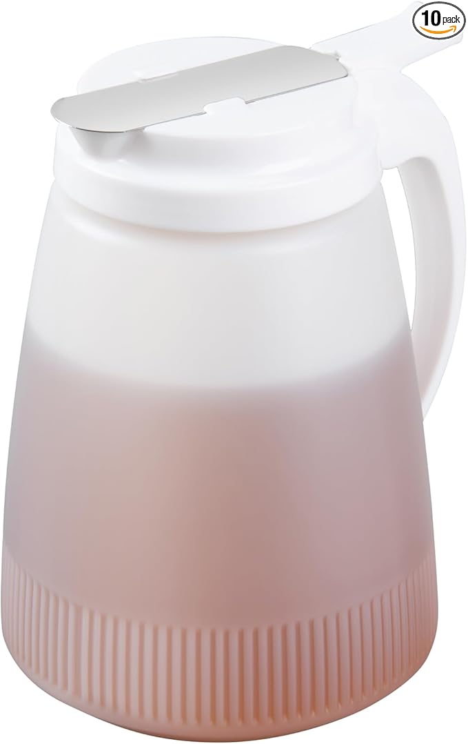 Restaurantware-Chef 101 48 Ounce All Purpose Syrup Dispensers, 10 Honey Dispensers - White Top, Stainless Steel Slide Cover, Plastic Pancake Syrup Bottle, Perfect For Diners, Restaurants, Home