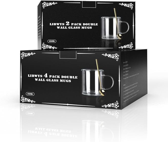 LIBWYS 12oz Double Wall Coffee Mugs (2 Pack) - Insulated Borosilicate Glass Cups with Handle for Espresso, Cappuccino, Latte - Heat Resistant, Dishwasher Safe Hot/Cold Beverage Glasses 350ml
