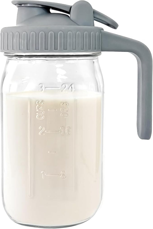Breast Milk Pitcher - 32 oz Glass Mason Jar with Dual Leak-Proof Design, Airtight Seal, Pour Spout & Handle, Storage Container for Breastmilk, Iced Tea & Ice Drinks（Gray）