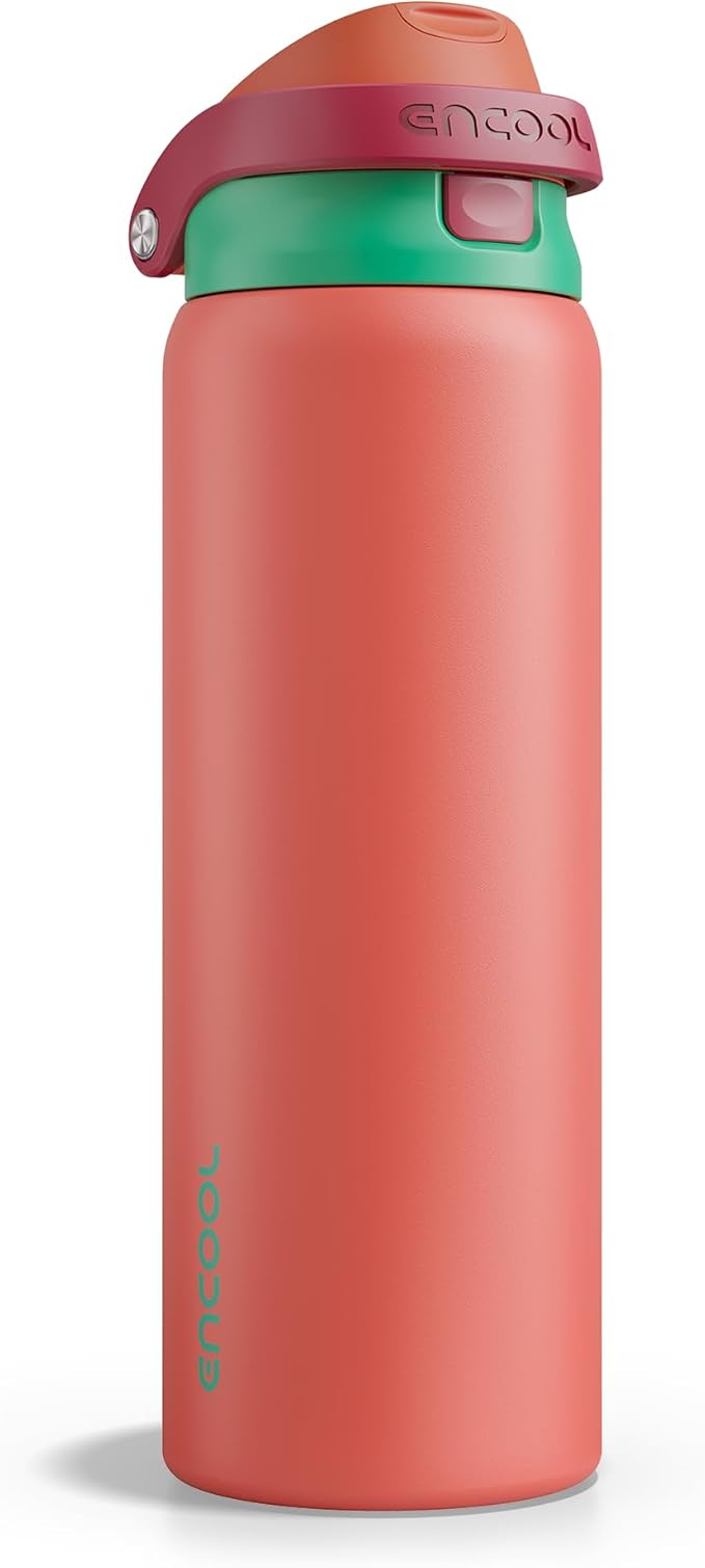ENCOOL Leakproof Insulated Water Bottle with Straw Dual-Sip Water Bottle Bag-Safe Design for Work, Commute & Gym – Keeps Drinks Cold All Day, 32 oz, Coral Red