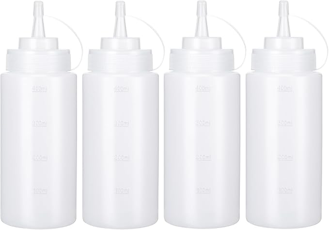 Katfort Condiment Squeeze Bottles Ketchup Dispenser, 4 Pack 16oz Squeeze Bottles for Liquids, Plastic Sauce Bottle with Cap Lid, Squirt Bottles for Sauces Liquids BBQ Dressing Pancake Art