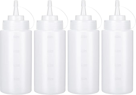 Katfort Condiment Squeeze Bottles Ketchup Dispenser, 4 Pack 16oz Squeeze Bottles for Liquids, Plastic Sauce Bottle with Cap Lid, Squirt Bottles for Sauces Liquids BBQ Dressing Pancake Art