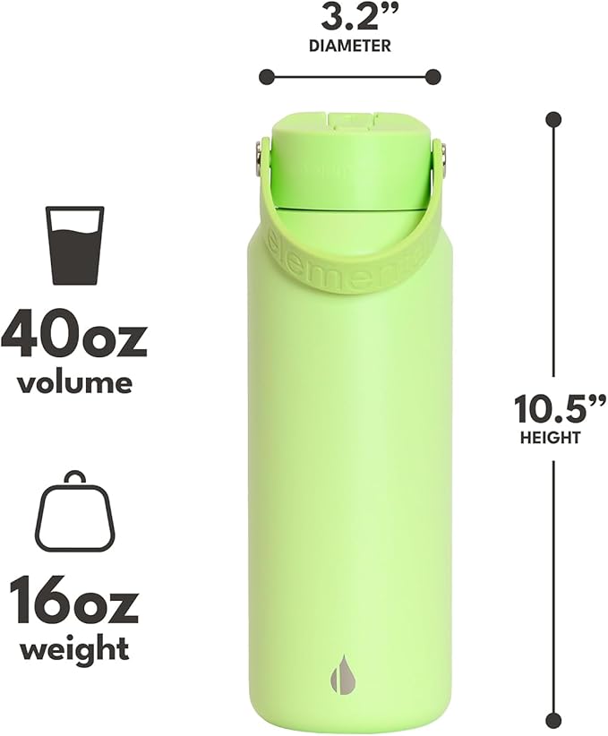 Elemental 40oz Insulated Water Bottle with Straw - 100% Leak-Proof Stainless Steel Core Water Bottles for Travel, Sports and Gym - Double Wall Insulation & BPA Free - Key Lime