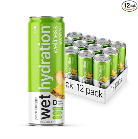 Wet Hydration | Functional Wellness Water, Non-Carbonated - Peach Pineapple (12 Ounce Cans, Pack of 12) - Flavored Water, Hydration Drink, No Sugar, No Artificial Ingredients, Zero Calories (Packaging May Vary)
