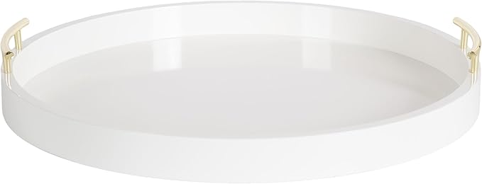 Kate And Laurel Lipton Modern Round Ottoman Tray; 22 Inch Diameter; White and Gold; Decorative Circle Coffee Table Tray for Living Room Decor or Large Serving Tray