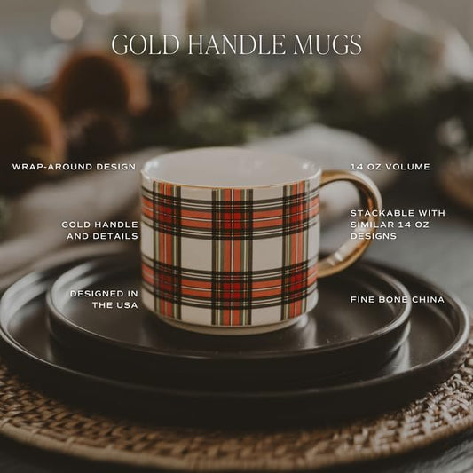 Sweet Water Decor Red Plaid Coffee Mug, 14oz China Christmas Mug with Gold Handle, Large Holiday Winter Cup for Coffee, Tea & Hot Chocolate, Stocking Stuffer Gifts for Women