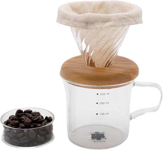 ATHIA Glass Pour Over Coffee Dripper Set, Glass Cone Dripper, Reusable Cloth Filter, Leather Cup Sleeve, Minimal Single Cup SET, for outdoor, office or at home (Walnut Wood)