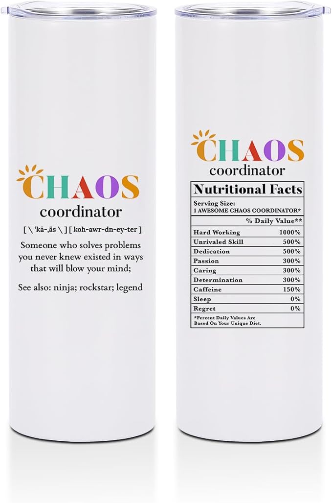 20 Oz Skinny Straight Tumbler, Chaos Coordinator Gifts, Thank You Gifts for Women Coworker Boss Lady Teacher Nurse, Insulated Tumbler Stainless Steel Tumblers Coffee Cups with Lids Thermal Cups