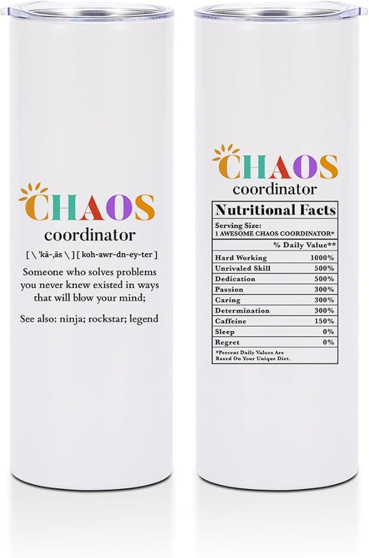 20 Oz Skinny Straight Tumbler, Chaos Coordinator Gifts, Thank You Gifts for Women Coworker Boss Lady Teacher Nurse, Insulated Tumbler Stainless Steel Tumblers Coffee Cups with Lids Thermal Cups