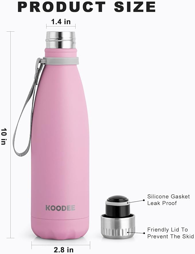 koodee Kids Insulated Water Bottle, 17 oz Stainless Steel Double Wall Vacuum Flask Cola Shape Leak Proof Sports Water Bottle for School (Black-Purple Pink)