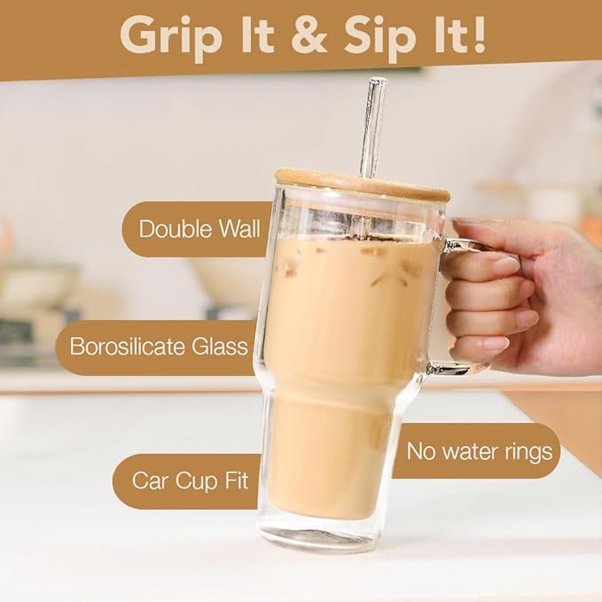 Double Wall Glass Tumbler with Handle and Straw Lid, 20oz Insulated Travel Mug Cup for Hot and Cold Drinks, Clear Glass Drinking Tumbler Cupholder Friendly