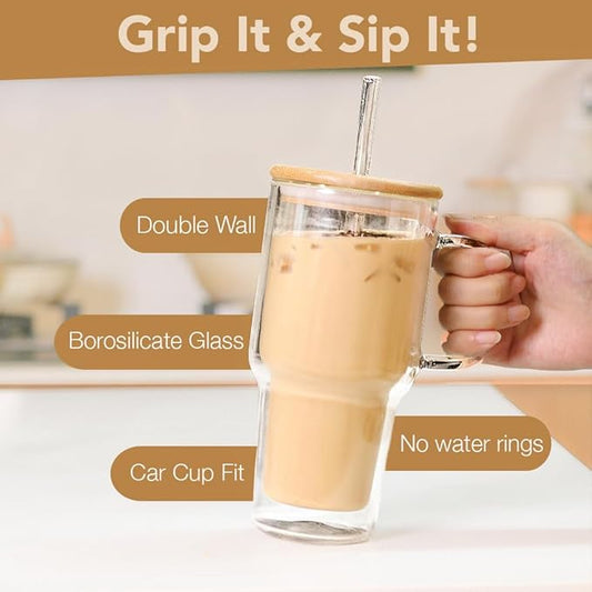 Double Wall Glass Tumbler with Handle and Straw Lid, 20oz Insulated Travel Mug Cup for Hot and Cold Drinks, Clear Glass Drinking Tumbler Cupholder Friendly
