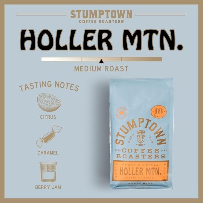Stumptown Coffee Roasters, Medium Roast Organic Whole Bean Coffee, 100% Arabica Coffee - Holler Mountain 18 Ounce Bag with Flavor Notes of Citrus Zest, Caramel and Hazelnut