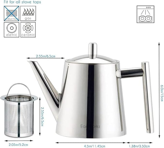 Easyworkz Stainless Steel Teapot with Removeable Infuser 27 oz Stovetop Tea Maker for Fruit Herbal and Infusion Tea