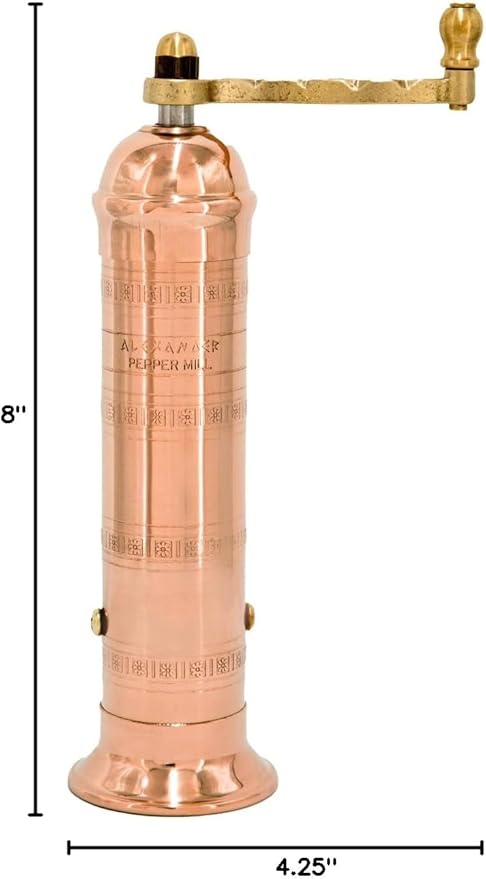 Original Greek Pepper Mill, 8-Inch Copper – European Manual Pepper Grinder, Refillable, with Polishing Cloth