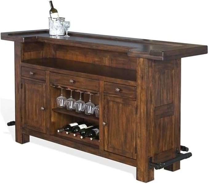 Pemberly Row 78" Farmhouse Wood Freestanding Island Home Bar Unit, Stemware Wine Rack, Storage Cabinets, for Kitchen and Basements, in Mahogany Brown