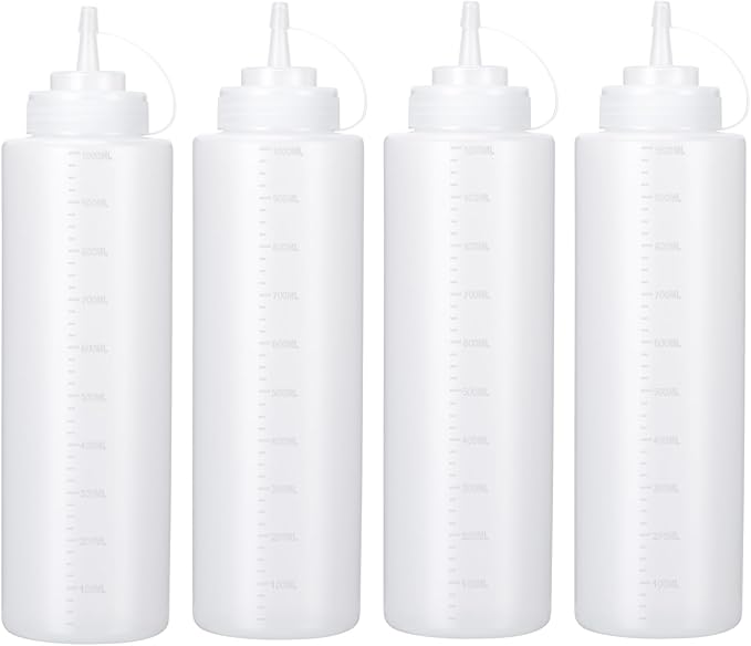 Katfort Condiment Squeeze Bottles Ketchup Dispenser, 4 Pack 32oz Squeeze Bottles for Liquids, Plastic Sauce Bottle with Cap Lid, Squirt Bottles for Sauces Liquids BBQ Dressing Pancake Art