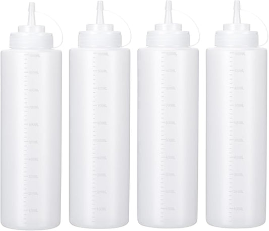 Katfort Condiment Squeeze Bottles Ketchup Dispenser, 4 Pack 32oz Squeeze Bottles for Liquids, Plastic Sauce Bottle with Cap Lid, Squirt Bottles for Sauces Liquids BBQ Dressing Pancake Art