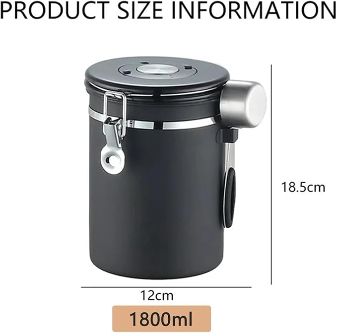 Coffee Airtight Canister, 60 fl oz Black Stainless Steel, Pantry & Storage for Coffee Beans, Rice, Tea, Sugar, Cereal, Flour