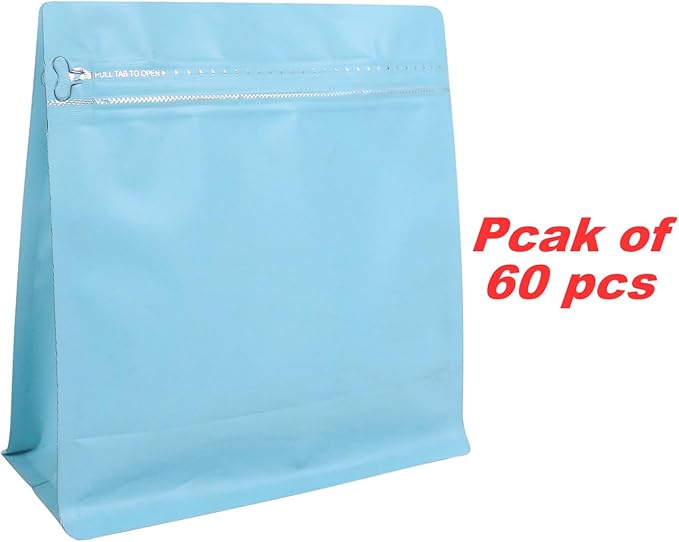 60 Pack High Barrier Stand-Up Coffee Bean Bags with Vented Valve Matte Metallic Heat-Sealable & Resealable Solid Color Pouches (Square,5.3 * 5.5 inch,1/4 lb,Daphne Blue)