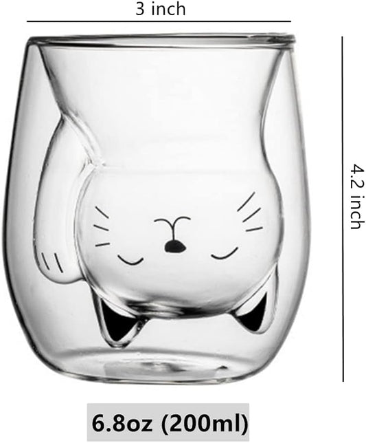ANSQU Cute Mug Cat Tea Double Wall Glass Coffee Mugs, Espresso Shot Glass, Milk Mug (200 ml/6.8 oz), Personal Birthday Gifts and Holiday Gifts