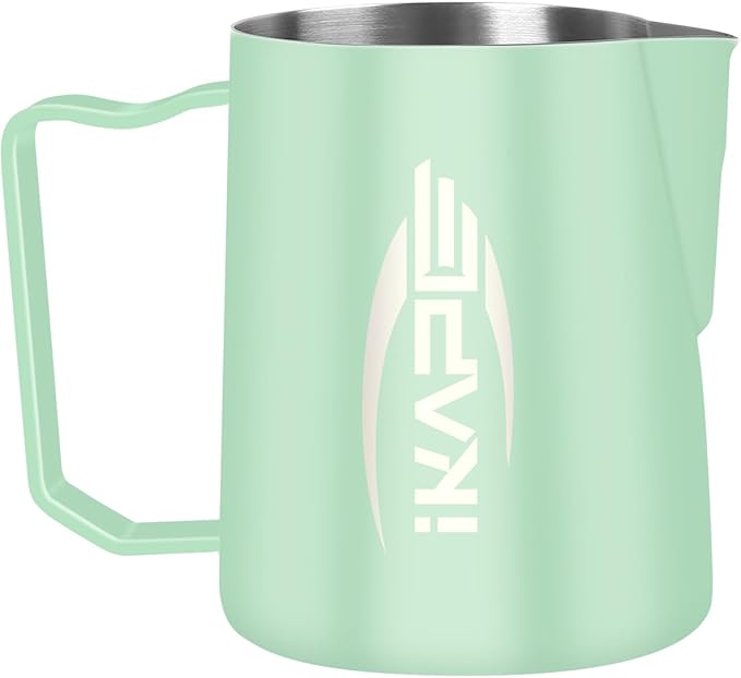 IKAPE Espresso Milk Pitcher, Espresso Steaming Pitcher with Sharp Spout for Espresso Barista Tool, 15.4 oz/450ml Milk Frothing Jug (Light Green)