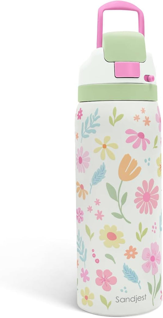 Floral Stainless Steel Water Bottle, Vacuum Insulated, Push-Button Lid, 32 oz, Gifts for Women Girls Friends Teens Birthday Christmas