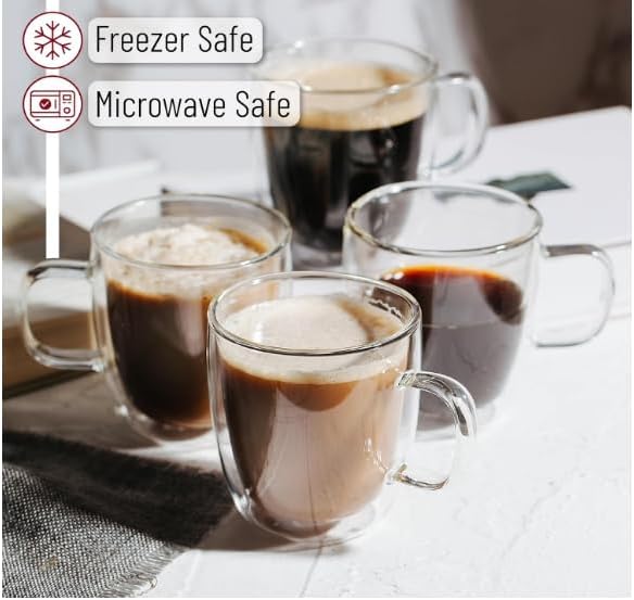 BTaT- Double Walled Espresso Cups, 5 oz, Set of 4, Clear Coffee Mugs, Double Wall Insulated Espresso Cups, Small Coffee Mugs for Tea, Lattes, Macchiatos, Hot & Cold Beverages, Microwave Safe