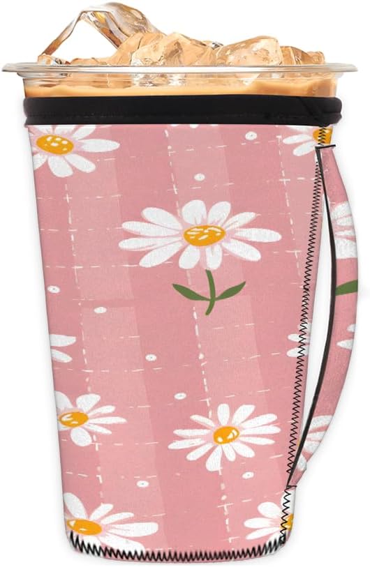Reusable Iced Coffee Cup Sleeve Flower Daisy Neoprene Insulated Sleeves Cup Holder with handle Idea for 16oz - 18oz