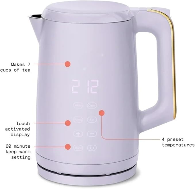 Electric Gooseneck Kettle 1 Liter 1200W, Stainless Steel, Pour Over Coffee Tea, Auto Shut-Off, 360° Cordless Power Base (Lavender 1.7L)