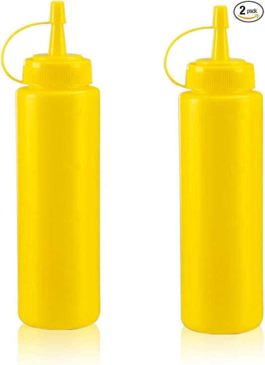 Squeeze Bottles for Sauces,Leak-Proof Condiment Dispenser, BPA-Free Kitchen Restaurant Squeeze Bottle Set with Wide Mouth for Ketchup, Mustard,Syrup,Dressings (Yellow, 2Pack-8oz(200ml))