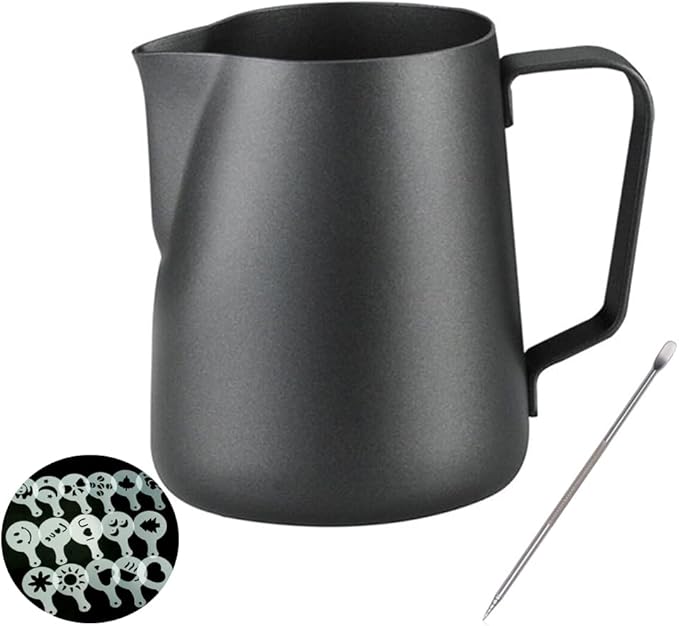 Espresso Milk Frothing Pitcher,12 oz 20 oz,Stainless Steel Milk Jug Frother Cup,With Coffee Decoration Stencils Mold Tool (20 oz, Black)