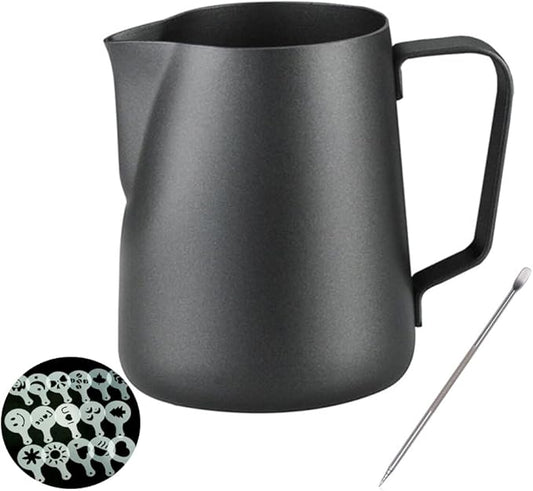 Espresso Milk Frothing Pitcher,12 oz 20 oz,Stainless Steel Milk Jug Frother Cup,With Coffee Decoration Stencils Mold Tool (20 oz, Black)