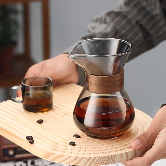BeeCa Single-Serve Coffee Essential, Pour Over Coffee Maker Set, Reusable Stainless Steel Filter + Heat-Resistant Glass Carafe, Stylish Wood Collar, 1-2 Cup Portable & Easy Clean