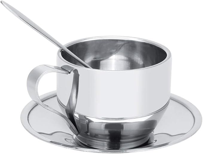 Stainless Steel Mug and Saucer Set, 4 oz Insulated Coffee Cup Double Wall Espresso Cups with Saucer and Spoon Coffee Mug for Latte, Cappuccino, Milk, Tea, Hot and Cold Beverages