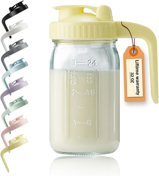 32oz Glass Pitcher with Lid & V-shaped Pour Spout - 1 Quart Breastmilk Pitcher Double Leak Proof, Creamer Container for Sun Tea, Juice, Cold Brew Coffee, Breastmilk Storage Container