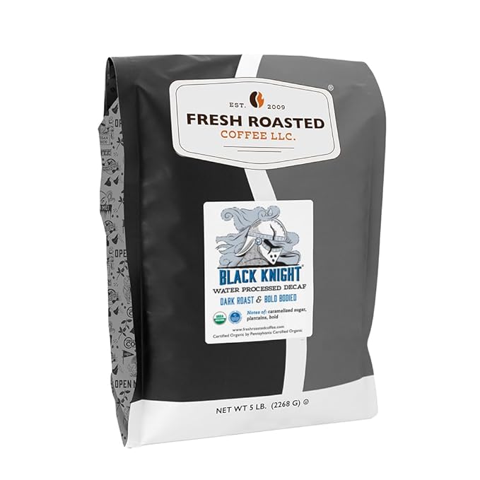 Fresh Roasted Coffee, Organic Black Knight Water-Processed Decaf | USDA Organic, Kosher | Dark Roast 5 lb (80 oz) Whole Bean