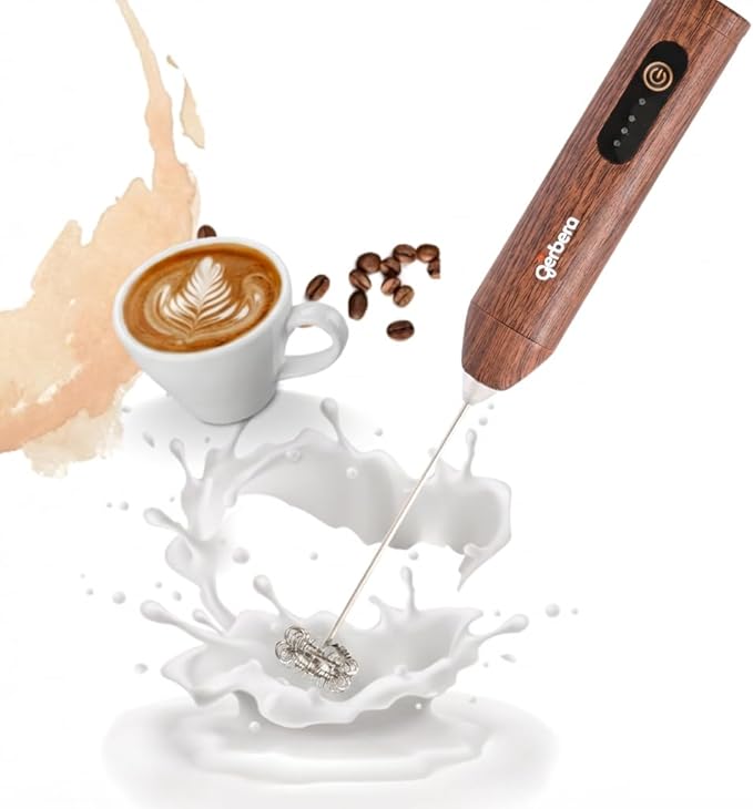 Gerbera Rechargeable Milk Frother Handheld,3 Speed Adjustable Electric Whisk Foam Maker, Handheld Drink Mixer, Frother Wand,Milk Foamer for Protein Powder, Drinks (Wood Brown)