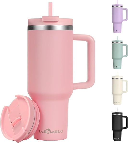 40oz Tumbler with Handle,Double Wall Vacuum Reusable Stainless Steel Insulated Water Bottle,With Leak Proof lid and Straw for Iced or Cold Beverages (light pink)