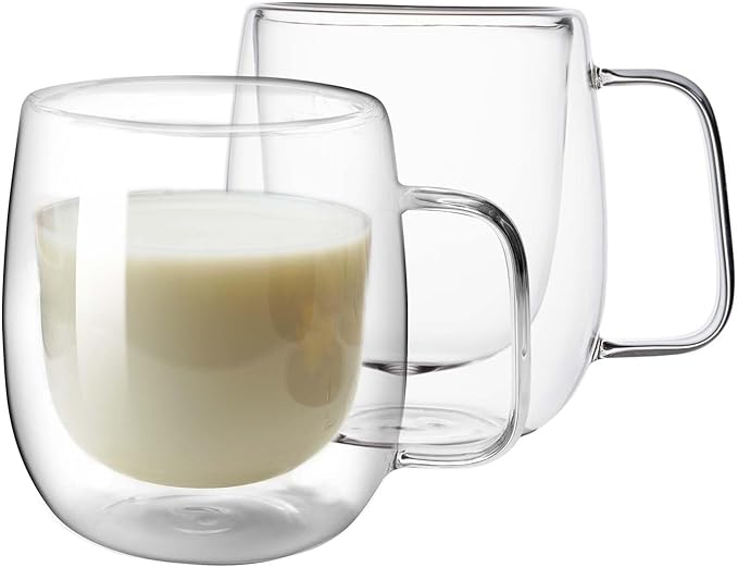 Double Wall Glass Coffee Mugs -11.8Oz Clear Insulated Glass Espresso Cups with Handle Mugs for Hot Beverages,set of 2 Perfect for Cappuccino Latte Americano Tea Bag (Large (2 PACK))