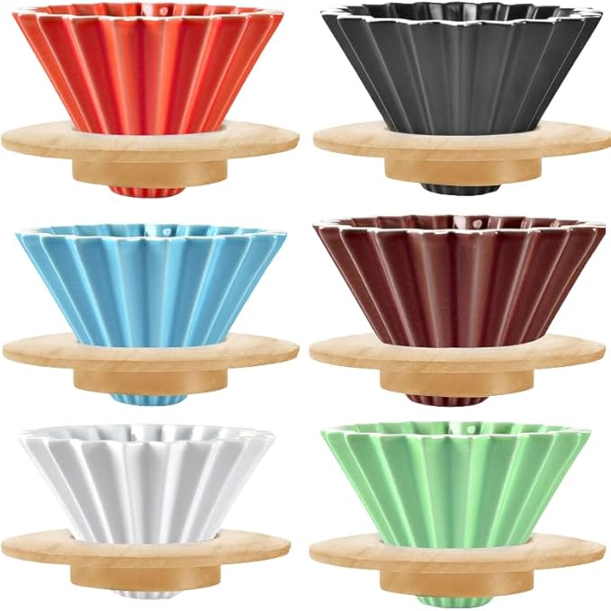 Ceramic Coffee Dripper Pour Over Coffee Maker with Wood Stand Elegant Flower Shape Filter